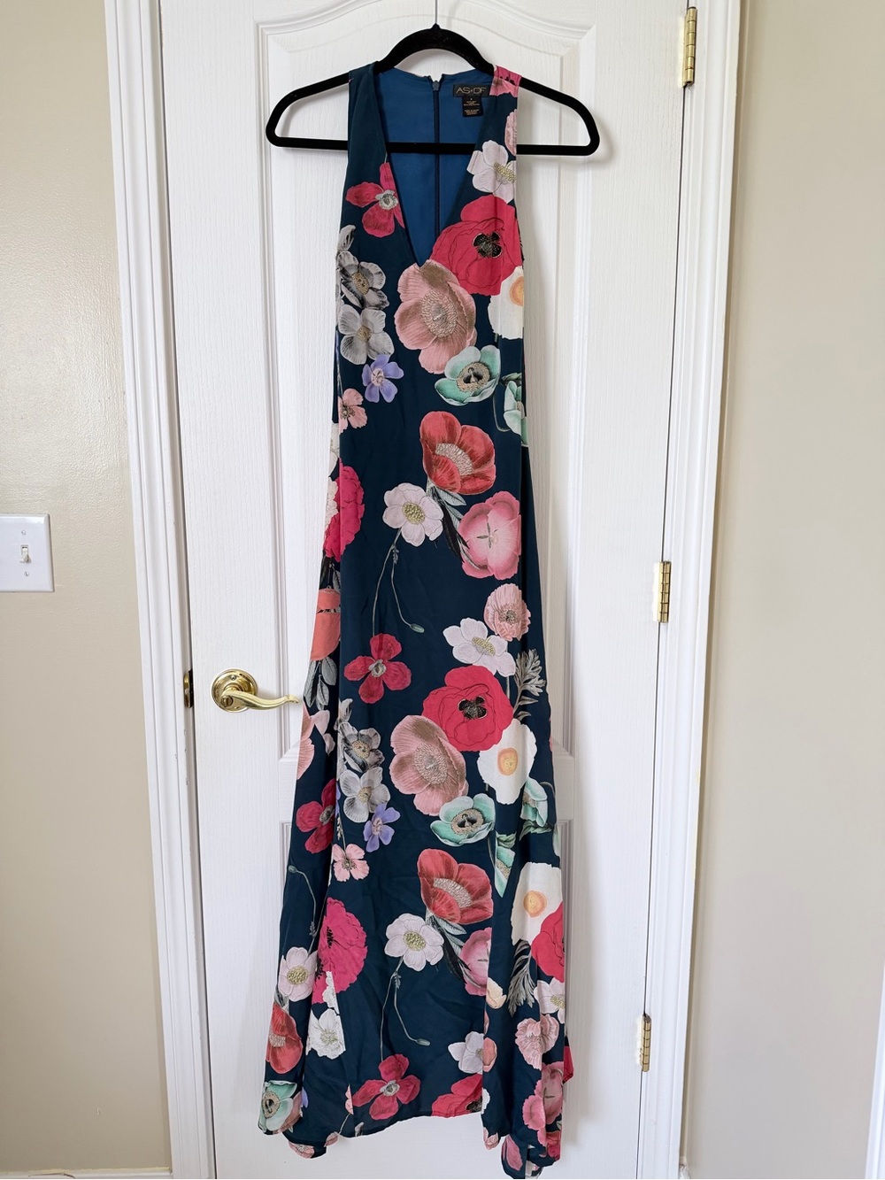 AS by DF Juliet Maxi Dress Small Field of Poppies Floral 100% Silk Navy
